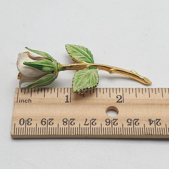 Vintage Rose Flower Brooch Pin Gold Tone White Green Enamel - Picture 4 of 4